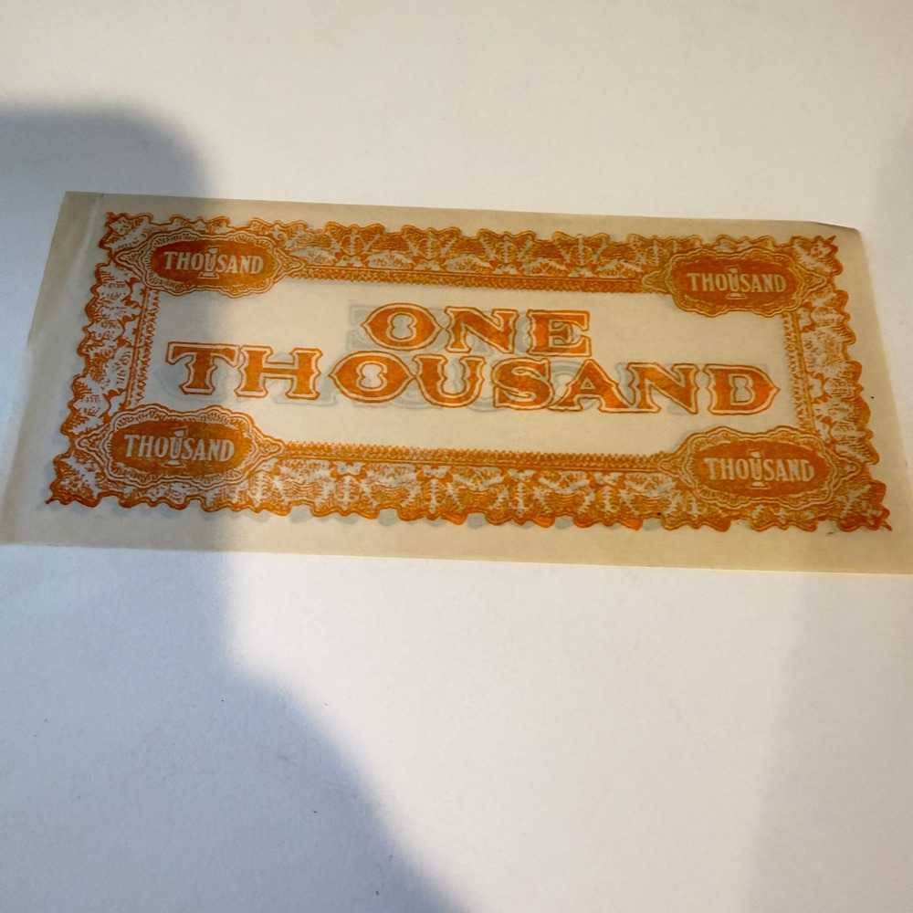 Vintage One Thousand Dollar Novelty Play Money Bill Orange Green Ephemera Prop - Picture 2 of 2